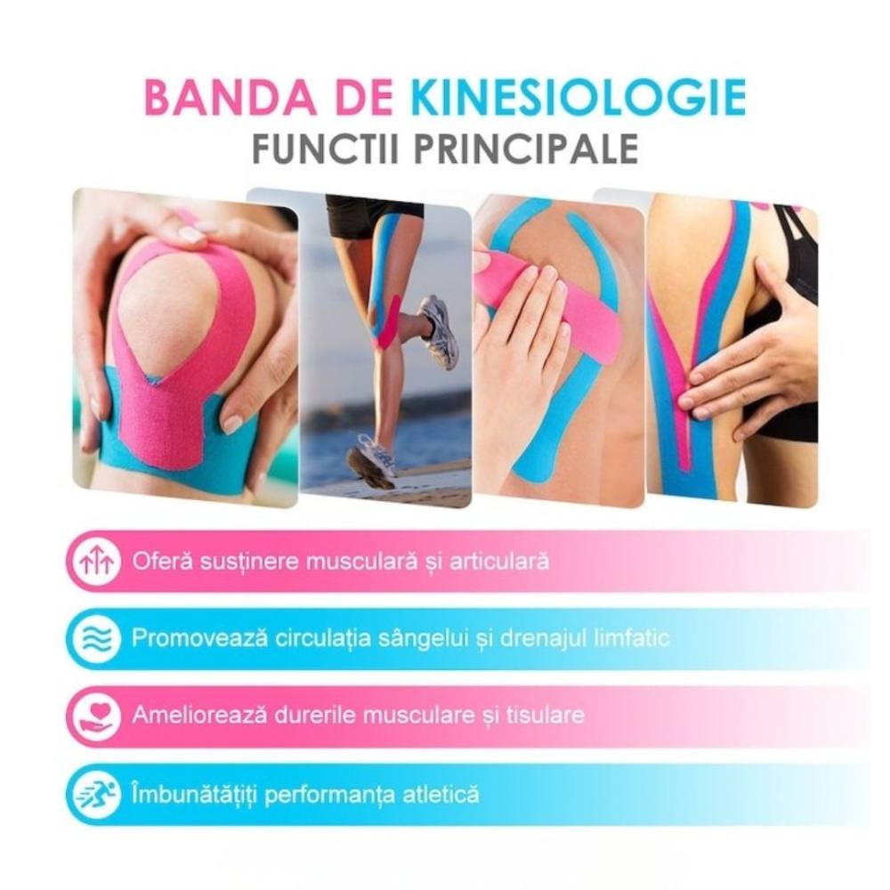 Banda kinesiologica roz 5 cm x 5 m, impermeabila, elastica, bumbac si elastan, suport muscular si articular pentru sport si recuperare [6]