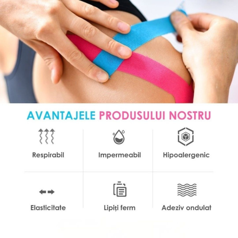 Banda kinesiologica roz 5 cm x 5 m, impermeabila, elastica, bumbac si elastan, suport muscular si articular pentru sport si recuperare [7]