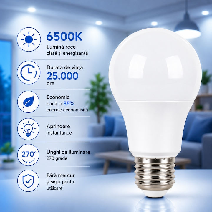 Bec LED E27 7W lumina rece 6500K, iluminare eficienta pentru interior, consum redus energie, echivalent bec clasic 60W [5]