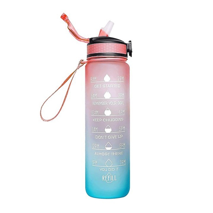 Bidon de apa 1L pentru fitness, sport, cu mesaje motivationale, BPA-Free, Non-Toxic, din Tritan - roz, albastru [2]