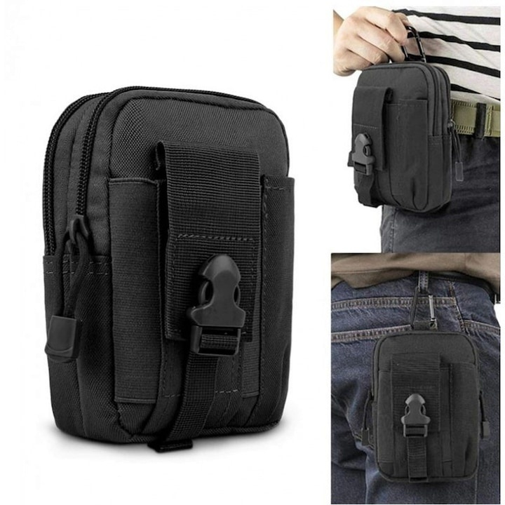 Borseta tactica pentru talie multifunctionala 1L, organizator EDC, poliester rezistent, impermeabila, neagra, 18 cm [3]