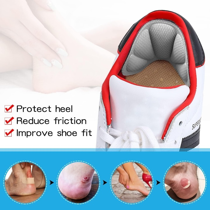 Branturi pentru calcai cu pernite din spuma cu memorie, 2 piese, confort sporit si amortizare, autoadezive, design universal pentru reducerea frecarii si stabilizarea piciorului, culoare gri [9]