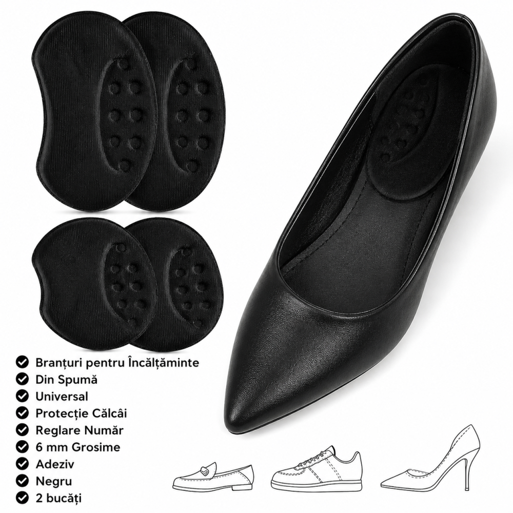 Branturi pentru Incaltaminte, din Spuma, Universal, Protectie Calcai, Reglare Numar, 6 mm Grosime, Adeziv, Negru [2]
