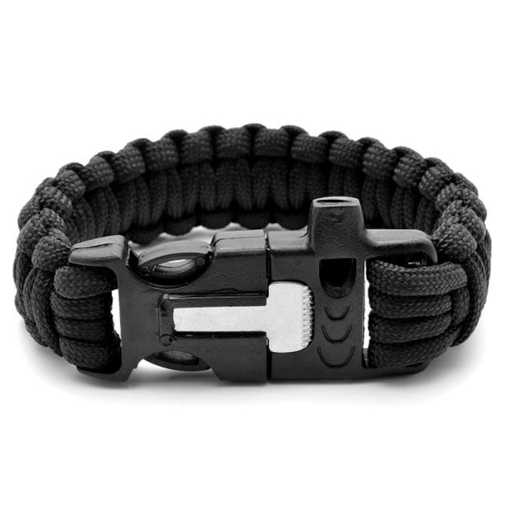 Bratara de supravietuire multifunctionala cu busola, cutit, fluier, snur paracord si cremene, inchidere cu clips, negru - gri – accesoriu compact pentru drumetii si situatii de urgenta [3]