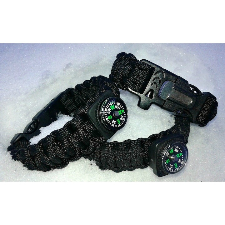 Bratara de supravietuire multifunctionala cu busola, cutit, fluier, snur paracord si cremene, inchidere cu clips, negru - gri – accesoriu compact pentru drumetii si situatii de urgenta [2]