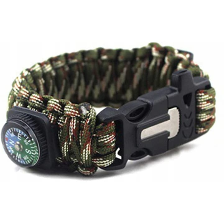 Bratara de supravietuire multifunctionala cu busola, cutit, fluier, snur paracord si cremene, inchidere cu clips, verde – accesoriu compact pentru drumetii si situatii de urgenta [1]