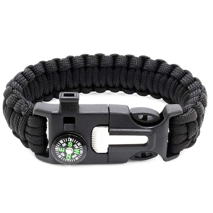 Bratara de supravietuire multifunctionala cu cutit, fluier, busola, bricheta si coarda paracord, negru – accesoriu compact pentru drumetii, camping si situatii de urgenta [4]