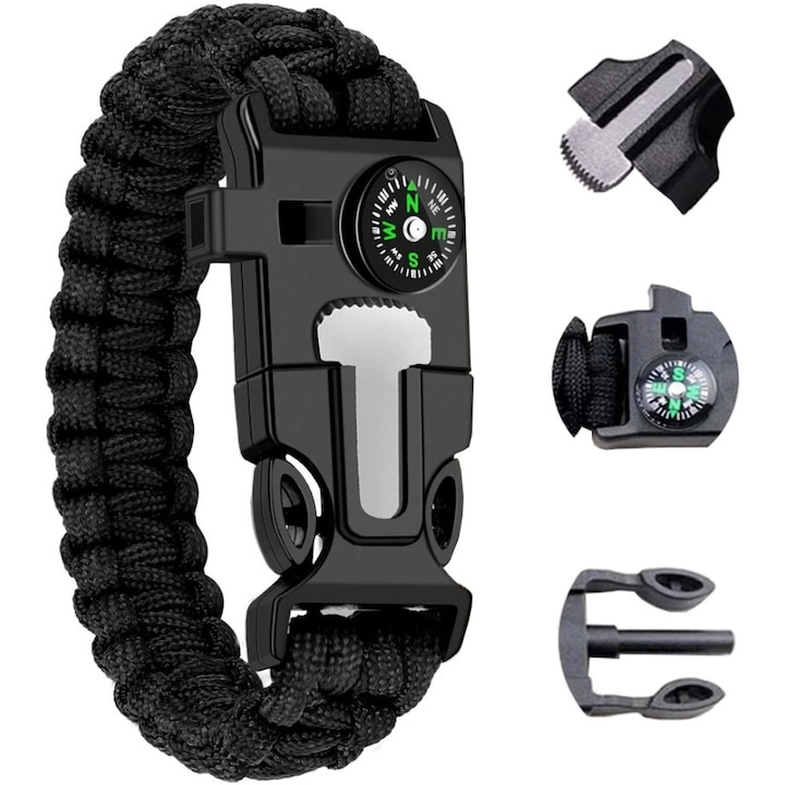 Bratara de supravietuire multifunctionala cu cutit, fluier, busola, bricheta si coarda paracord, negru – accesoriu compact pentru drumetii, camping si situatii de urgenta [3]