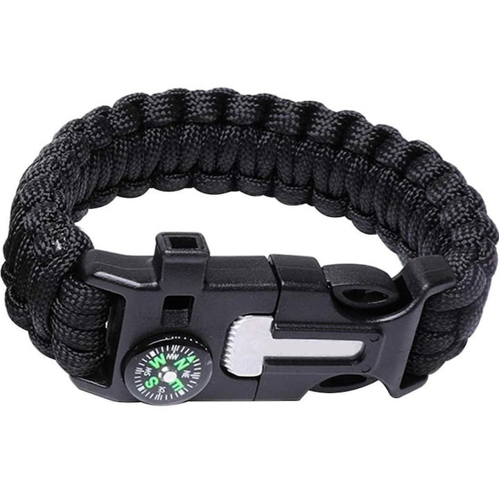 Bratara de supravietuire multifunctionala cu cutit, fluier, busola, bricheta si coarda paracord, negru – accesoriu compact pentru drumetii, camping si situatii de urgenta [5]