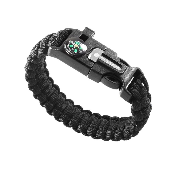 Bratara de supravietuire multifunctionala cu cutit, fluier, busola, bricheta si coarda paracord, negru – accesoriu compact pentru drumetii, camping si situatii de urgenta [8]