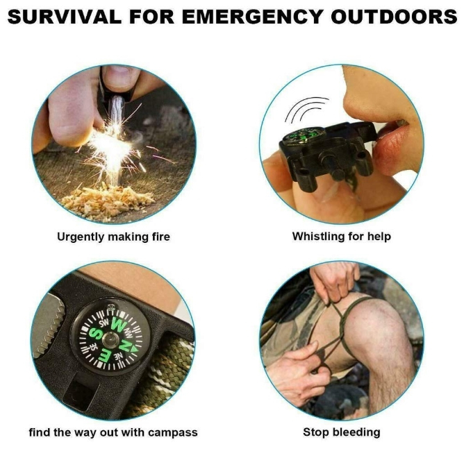 Bratara paracord multifunctionala supravietuire cu busola, fluier si aprinzator foc, 26 cm, kaki, demontabila [4]