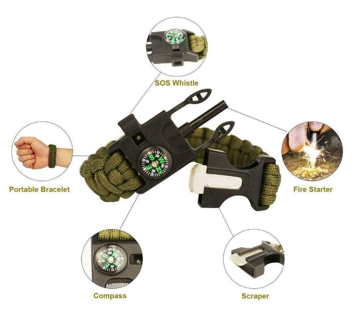 Bratara paracord multifunctionala supravietuire cu busola, fluier si aprinzator foc, 26 cm, kaki, demontabila [2]