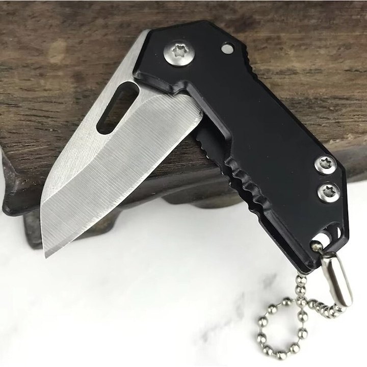 Breloc briceag pliabil multifunctional din metal, mini cutit EDC pentru chei, compact 5.3-8.8 cm, negru argintiu [2]