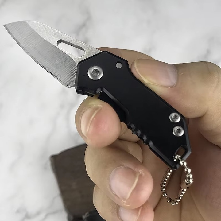 Breloc briceag pliabil multifunctional din metal, mini cutit EDC pentru chei, compact 5.3-8.8 cm, negru argintiu [6]