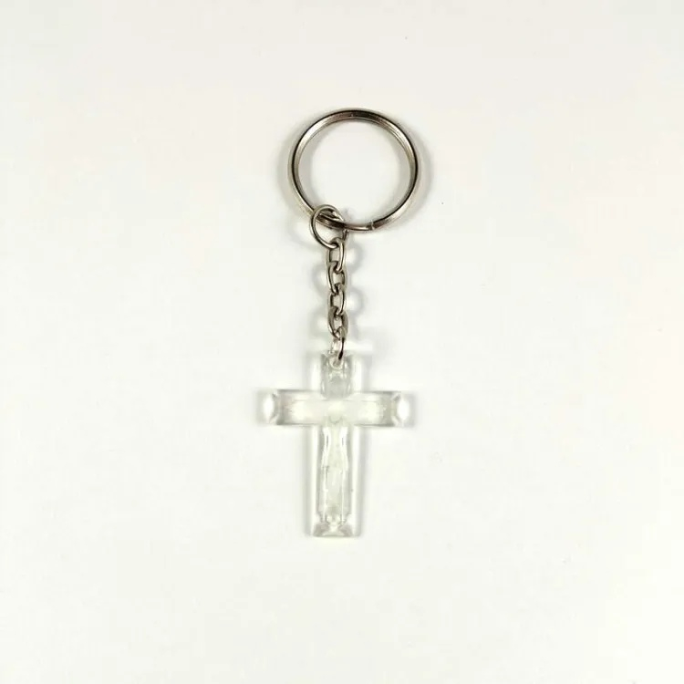 Breloc cu cruce din plastic transparent, cu gravura si inel metalic argintiu, 8 x 2 cm [4]