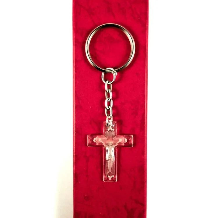 Breloc cu cruce din plastic transparent, cu gravura si inel metalic argintiu, 8 x 2 cm [3]