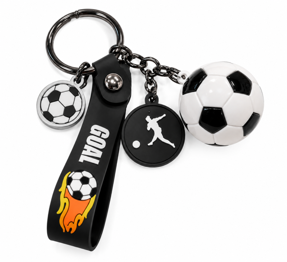 Breloc fotbal alb-negru cu minge 3D si pandantive decorative, curea flexibila, cutie cadou [2]