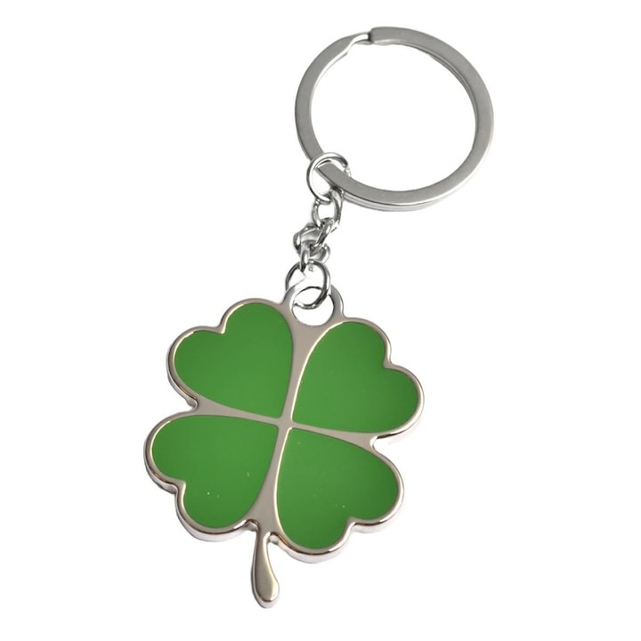 Breloc in forma de trifoi cu 4 foi, metalic, simbol noroc, 4 cm, verde [3]