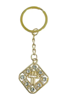 Breloc metalic auriu forma romb cu cruce decorativa si pietricele stralucitoare, 27 x 27 mm [2]