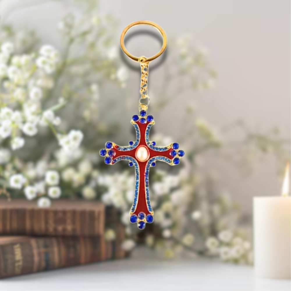 Breloc metalic auriu model cruce si elemente colorate, 120 x 45 mm [2]