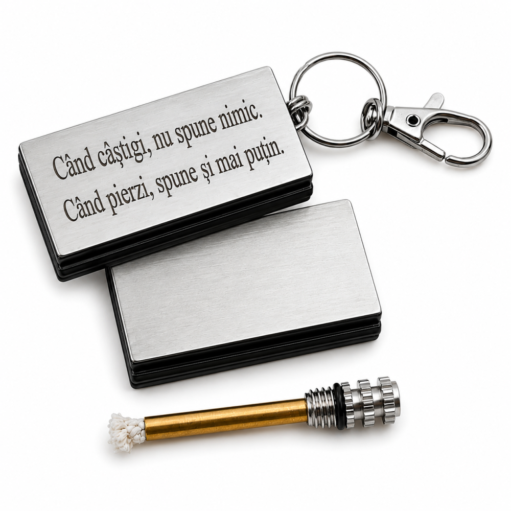 Breloc metalic gravat "Cand castigi, nu spune nimic. Cand pierzi, spune si mai putin.", accesoriu multifunctional cu fitil, argintiu, pentru chei, geanta, rucsac si activitati outdoor [3]