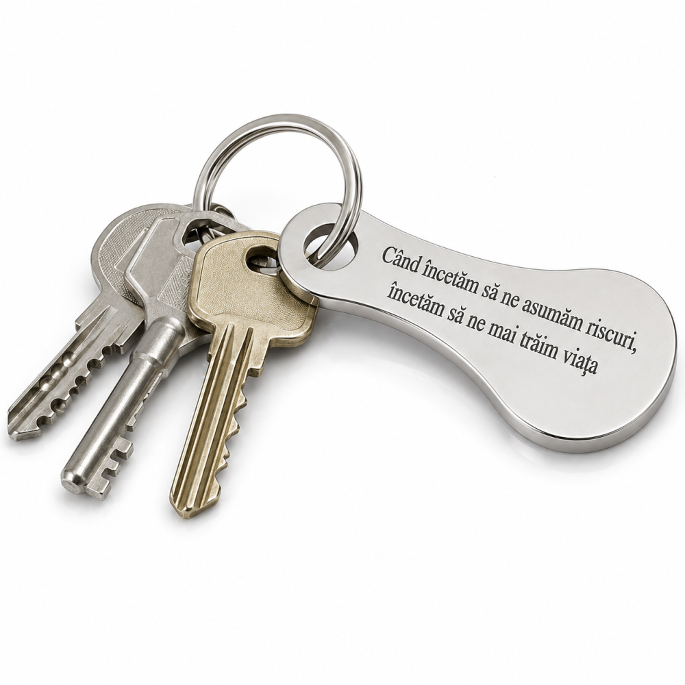 Breloc metalic gravat "Cand incetam sa ne asumam riscuri, incetam sa ne mai traim viata", argintiu, accesoriu pentru chei, geanta si rucsac, cadou inspirational [3]