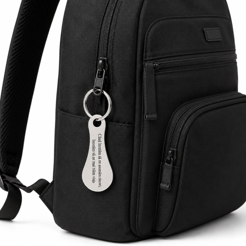 Breloc metalic gravat "Cand incetam sa ne asumam riscuri, incetam sa ne mai traim viata", argintiu, accesoriu pentru chei, geanta si rucsac, cadou inspirational [2]