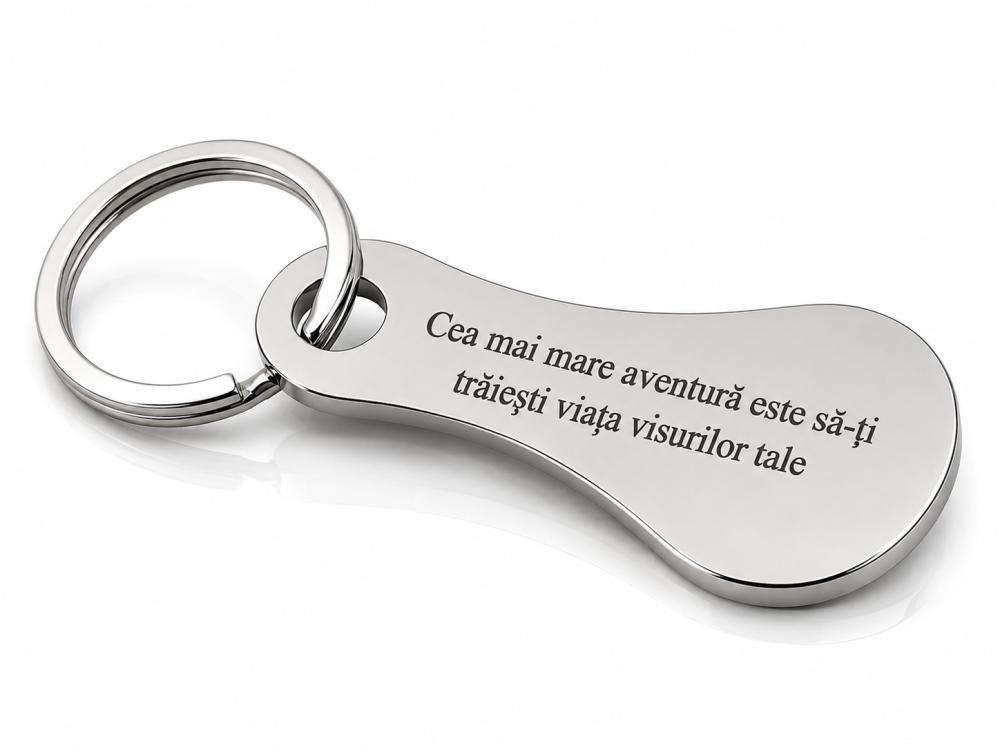 Breloc metalic gravat "Cea mai mare aventura este sa-ti traiesti viata visurilor tale", cu mesaj motivational, argintiu, accesoriu pentru chei, rucsac si geanta [4]