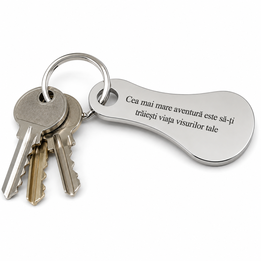 Breloc metalic gravat "Cea mai mare aventura este sa-ti traiesti viata visurilor tale", cu mesaj motivational, argintiu, accesoriu pentru chei, rucsac si geanta [3]