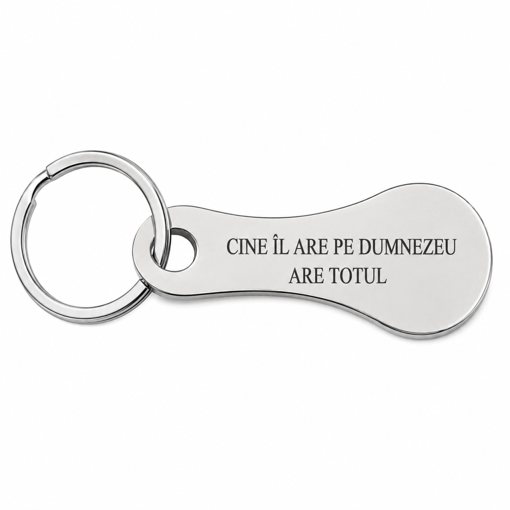 Breloc metalic gravat "Cine Il Are Pe Dumnezeu Are Totul", argintiu, cu inel metalic, mesaj motivational crestin, cadou pentru familie, prieteni si persoane dragi [4]