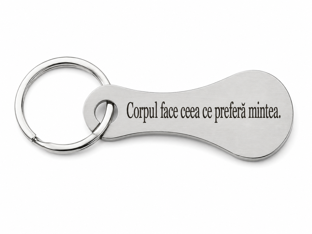 Breloc metalic gravat "Corpul face ceea ce prefera mintea", argintiu, accesoriu premium pentru chei, geanta, rucsac si portofel, cadou motivational [4]