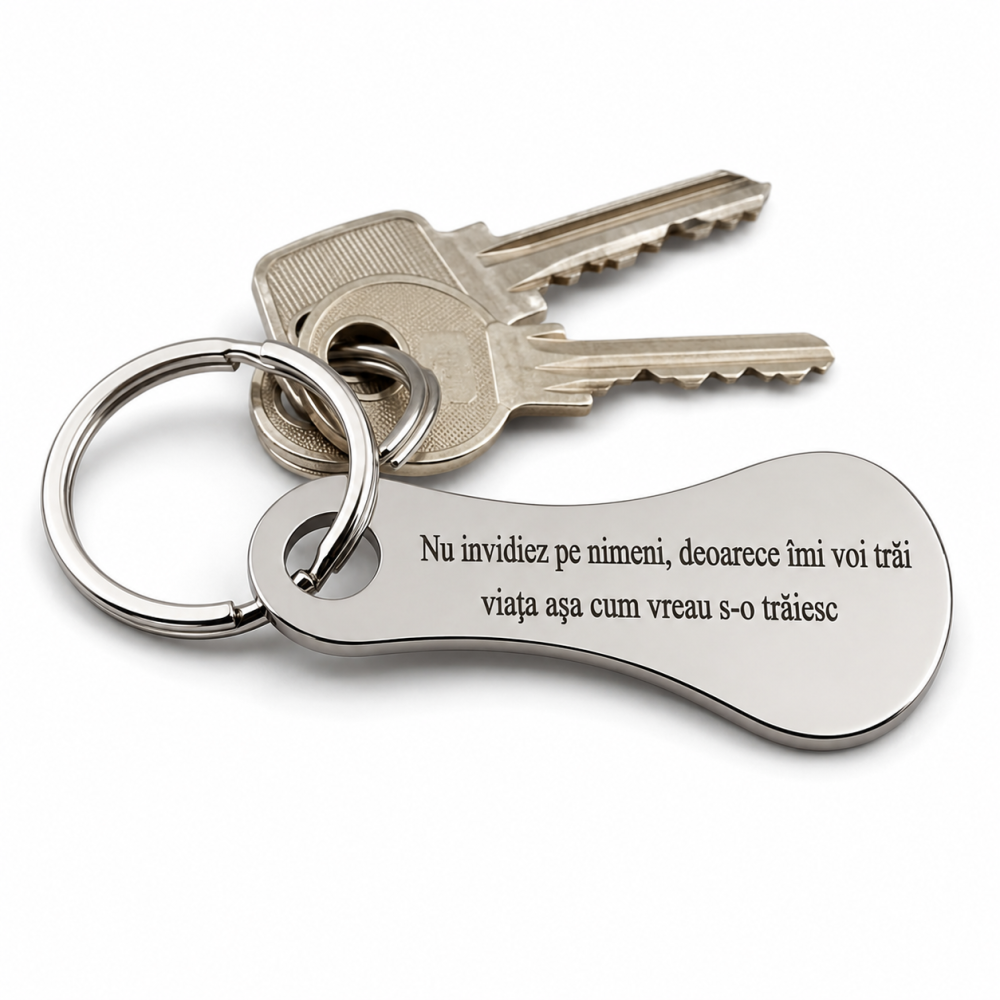 Breloc metalic gravat "Nu invidiez pe nimeni, deoarece imi voi trai viata asa cum vreau s-o traiesc" cu mesaj motivational, argintiu, accesoriu pentru chei, geanta, rucsac si carucior de cumparaturi [2]