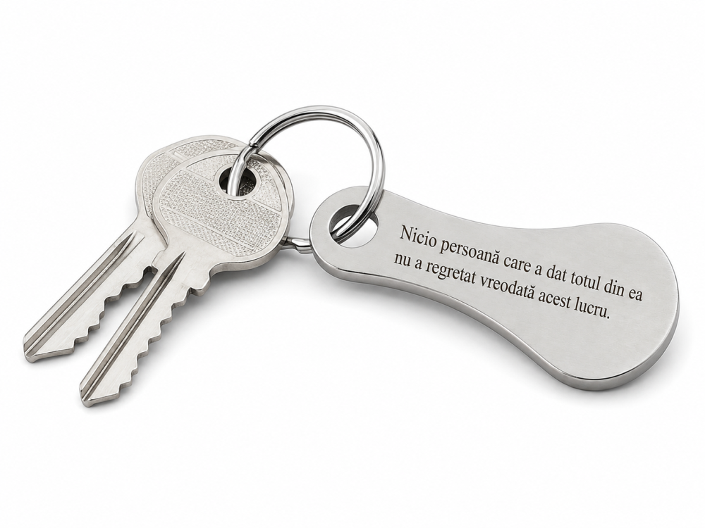 Breloc metalic gravat "Nicio persoana care a dat totul din ea nu a regretat vreodata acest lucru", argintiu, accesoriu pentru chei, geanta, rucsac si portofel, cadou motivational [3]