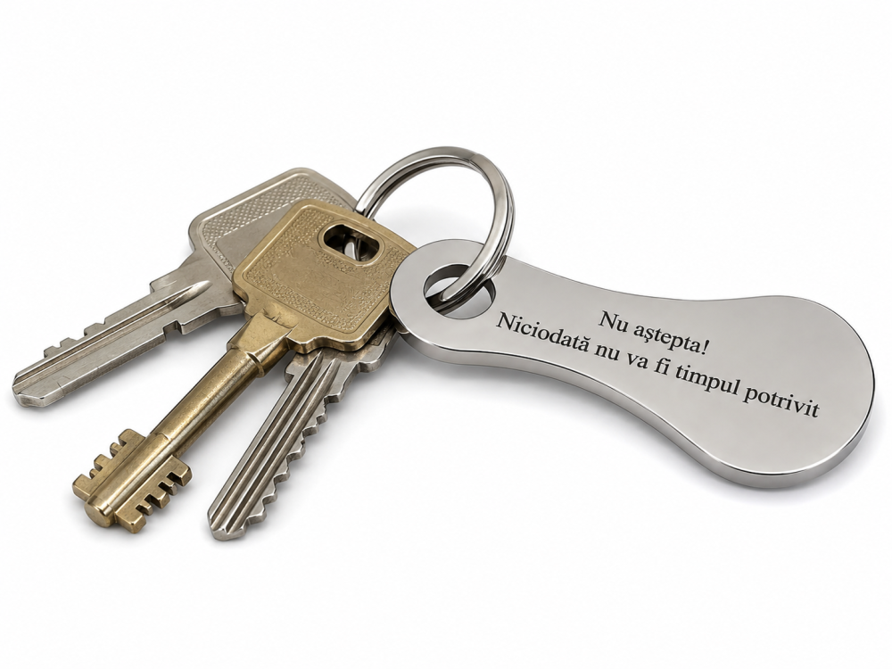 Breloc metalic gravat "Nu astepta! Niciodata nu va fi timpul potrivit", argintiu, accesoriu pentru chei, geanta si rucsac, cadou motivational [2]