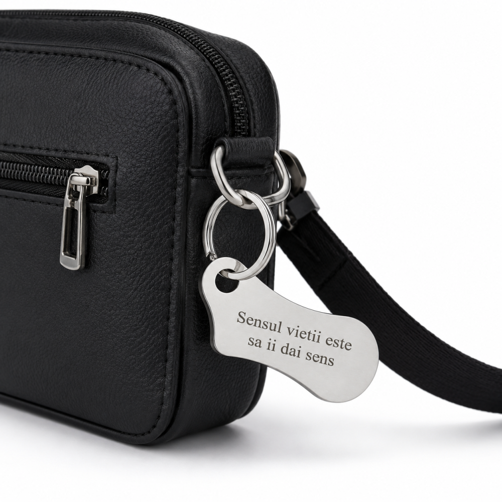 Breloc metalic gravat "Sensul vietii este sa ii dai sens", argintiu, accesoriu elegant pentru chei, geanta, rucsac si portofel, cadou inspirational [3]
