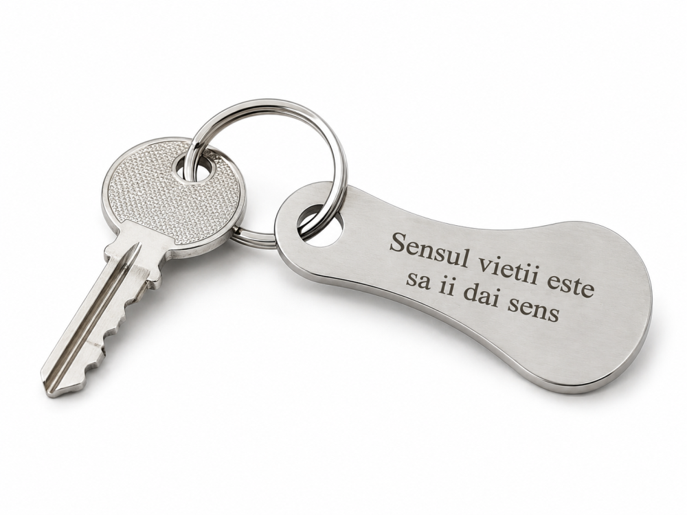 Breloc metalic gravat "Sensul vietii este sa ii dai sens", argintiu, accesoriu elegant pentru chei, geanta, rucsac si portofel, cadou inspirational [2]