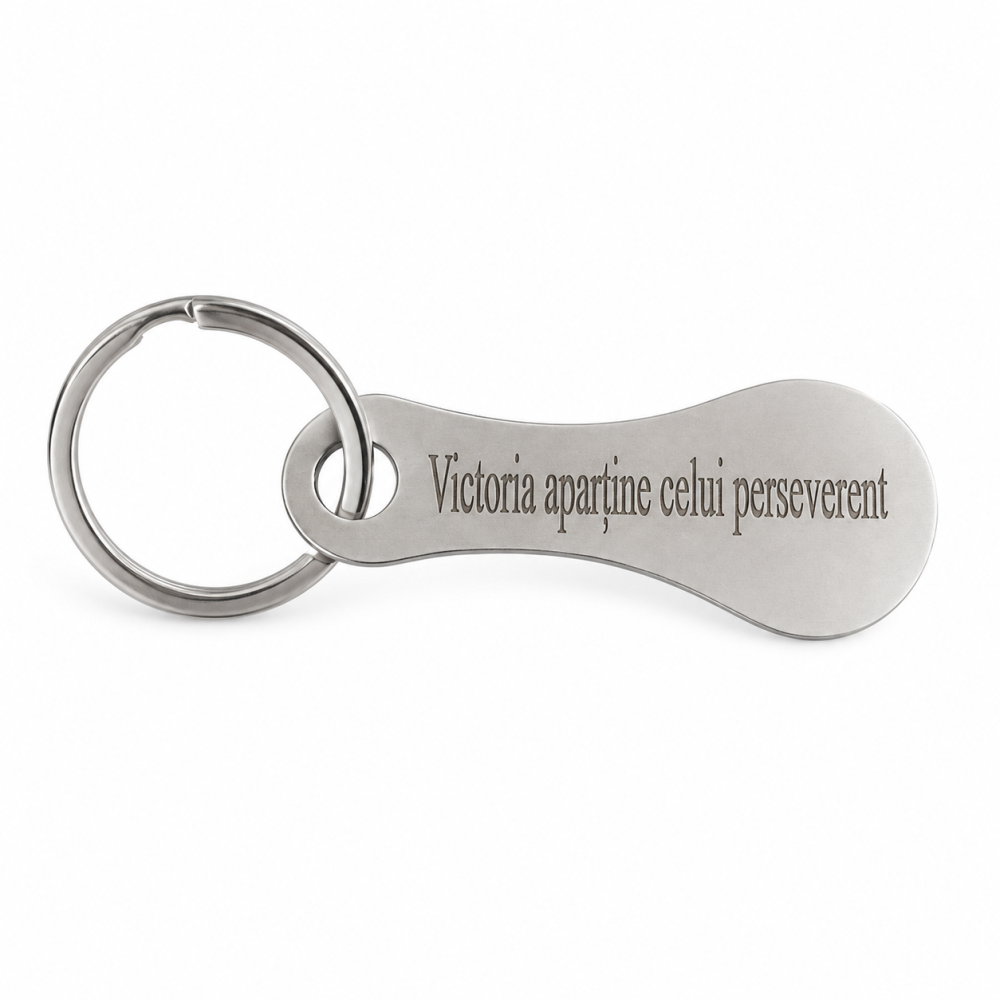 Breloc metalic gravat "Victoria apartine celui perseverent", argintiu, accesoriu pentru chei, geanta, rucsac si portofel, cadou motivational [4]