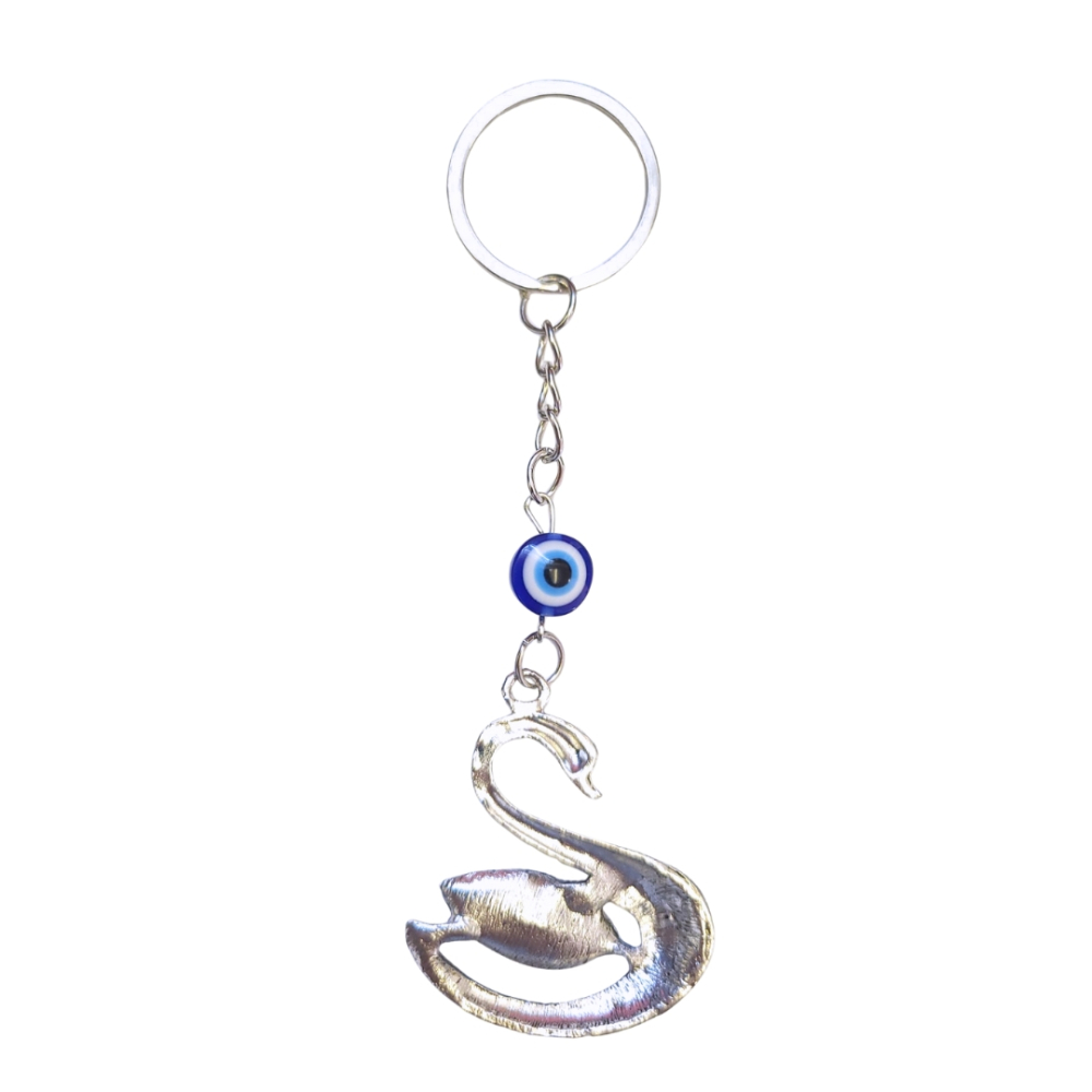 Breloc metalic, model de lebada si ochi al protectiei, decorat cu piatra colorata, inox, argintiu [2]