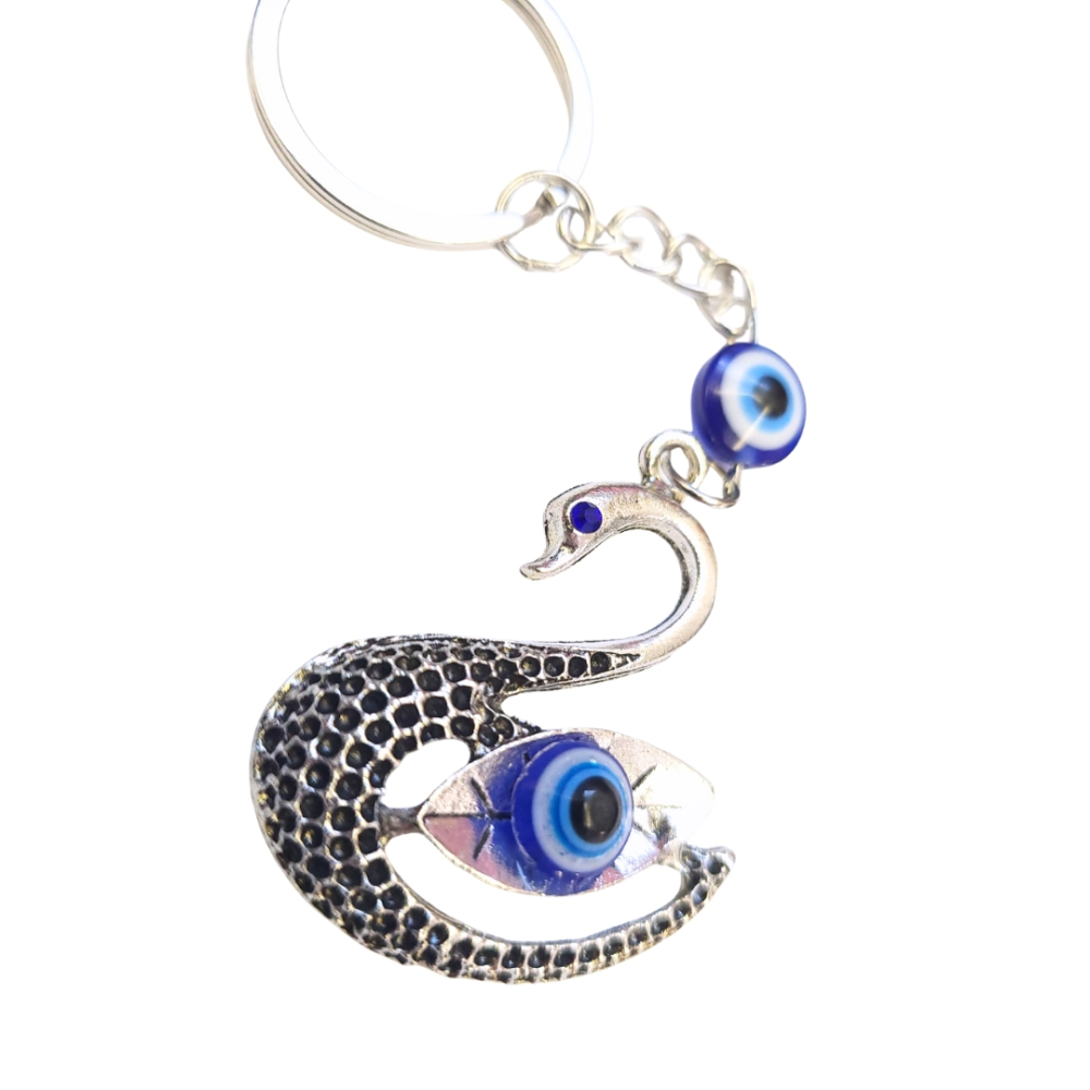 Breloc metalic, model de lebada si ochi al protectiei, decorat cu piatra colorata, inox, argintiu [3]