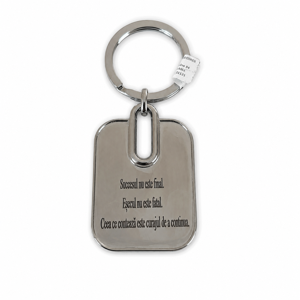 Breloc metalic motivational cu mesaj gravat "Succesul nu este final. Esecul nu este fatal. Ceea ce conteaza este curajul de a continua.", argintiu, cu cutie eleganta pentru cadou [6]
