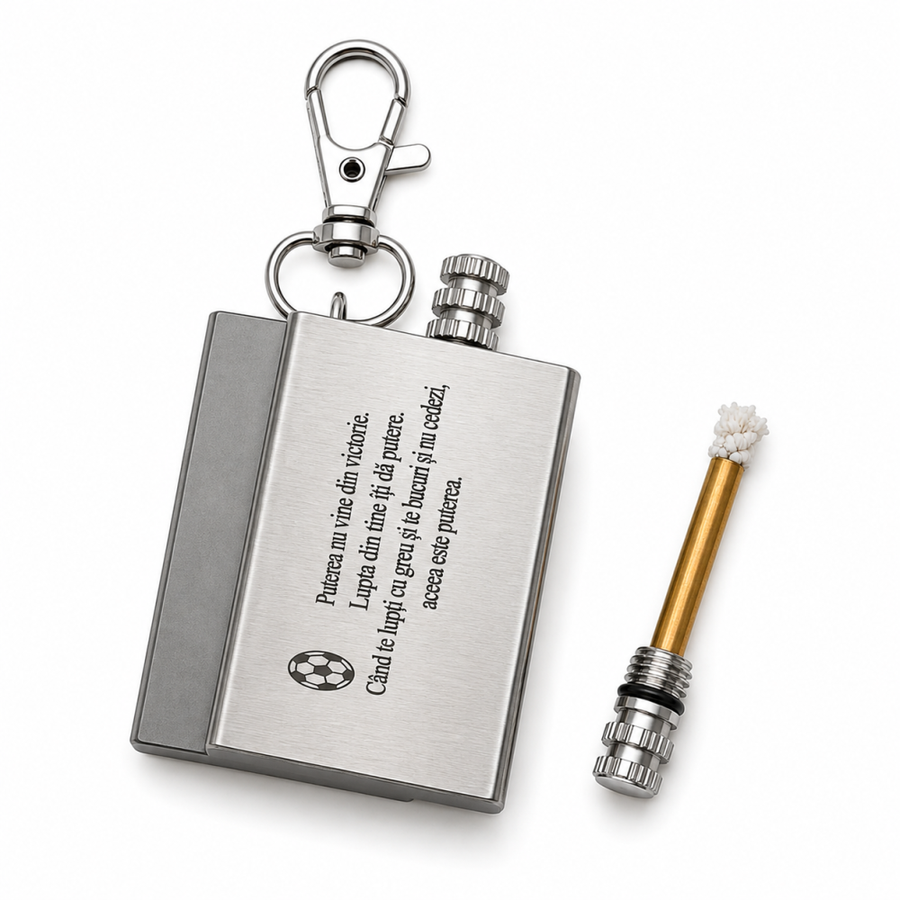 Breloc metalic multifunctional gravat "Puterea nu vine din victorie. Luptele din tine iti dau putere.", cu rezervor pentru combustibil si fitil, argintiu, accesoriu EDC pentru camping, drumetii, chei [3]