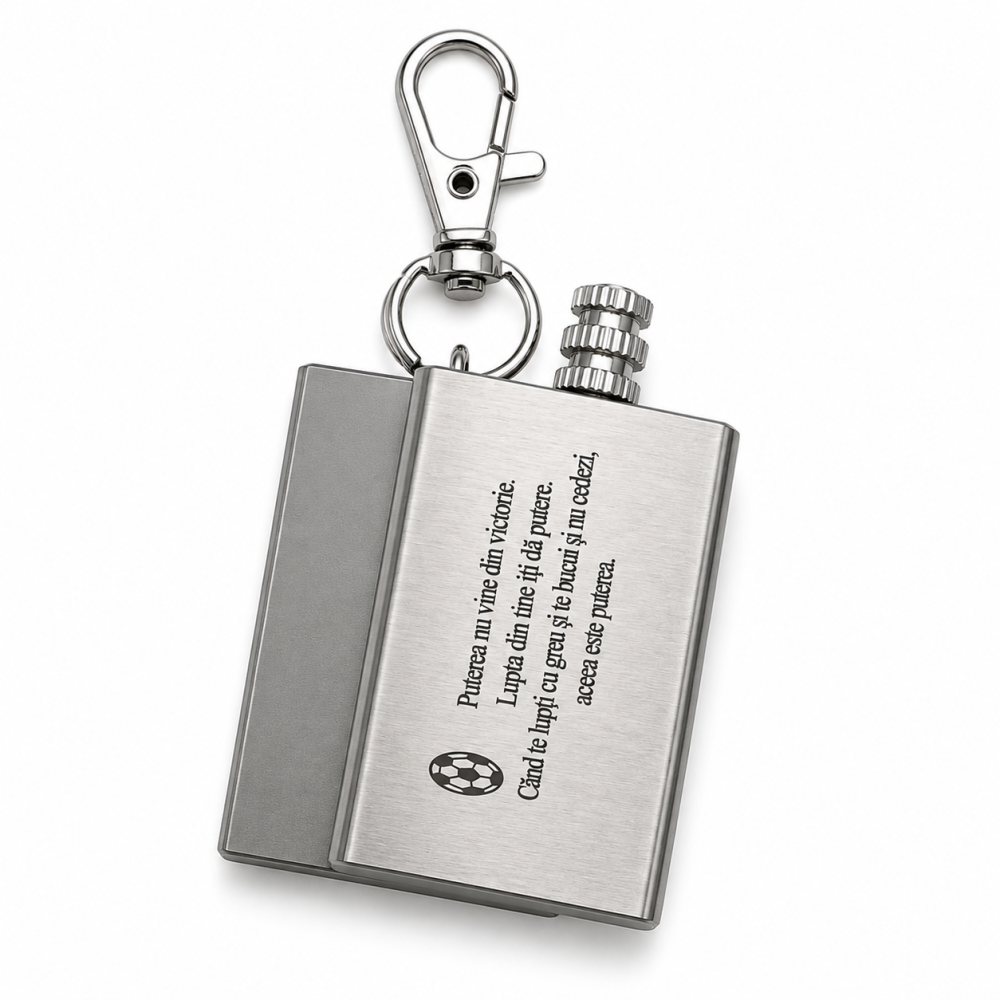 Breloc metalic multifunctional gravat "Puterea nu vine din victorie. Luptele din tine iti dau putere.", cu rezervor pentru combustibil si fitil, argintiu, accesoriu EDC pentru camping, drumetii, chei [4]