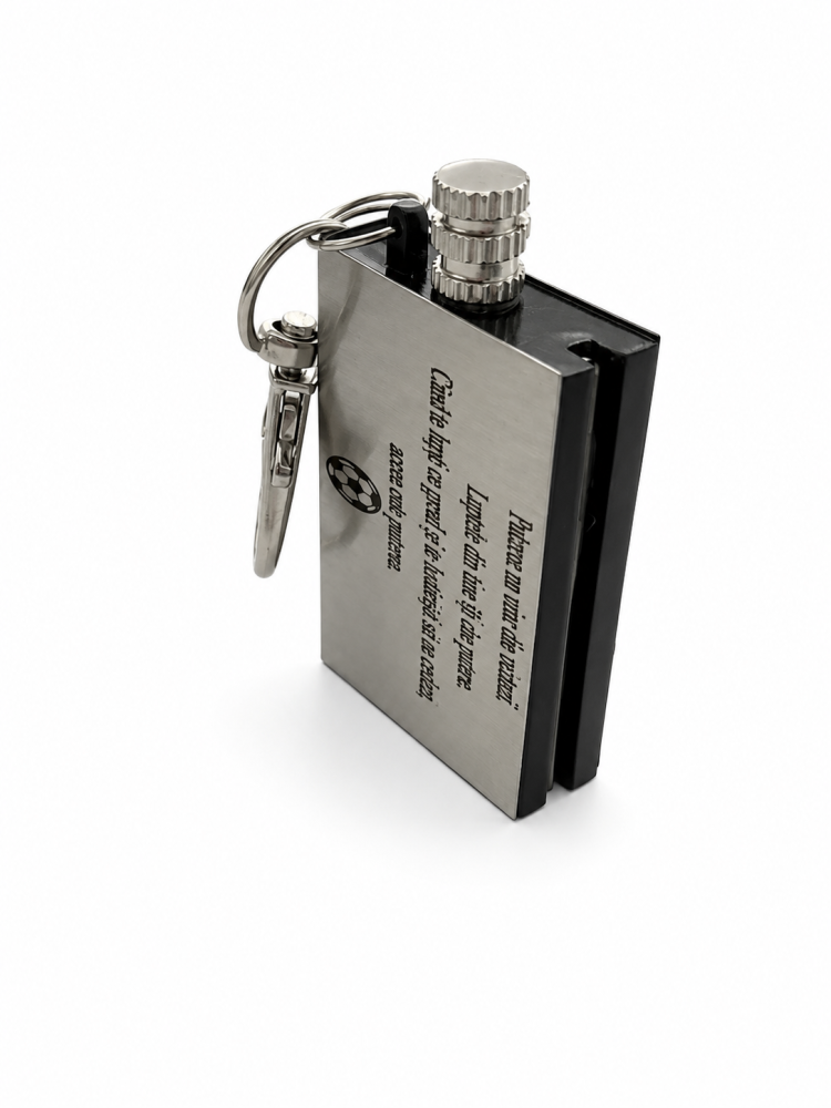Breloc metalic multifunctional gravat "Puterea nu vine din victorie. Luptele din tine iti dau putere.", cu rezervor pentru combustibil si fitil, argintiu, accesoriu EDC pentru camping, drumetii, chei [2]