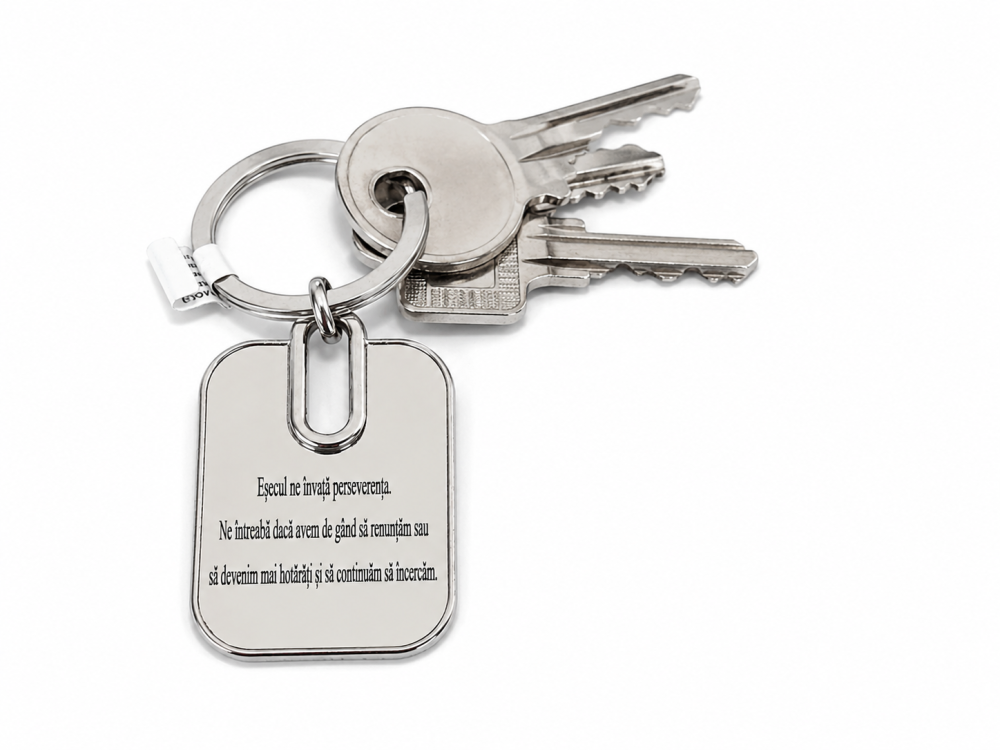 Breloc motivational cu mesaj gravat "Esecul ne invata perseverenta. Ne intreaba daca avem de gand sa renuntam sau sa devenim mai hotarati si sa continuam sa incercam.", metal argintiu, cutie eleganta [4]