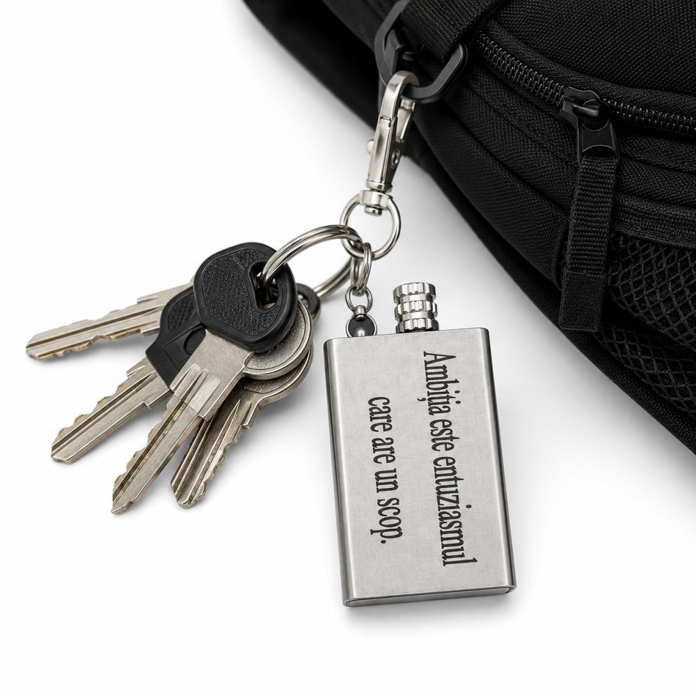 Breloc multifunctional din metal gravat "Ambitia este entuziasmul care are un scop.", cu rezervor reincarcabil si fitil, accesoriu EDC pentru camping, drumetii, chei si rucsac [2]