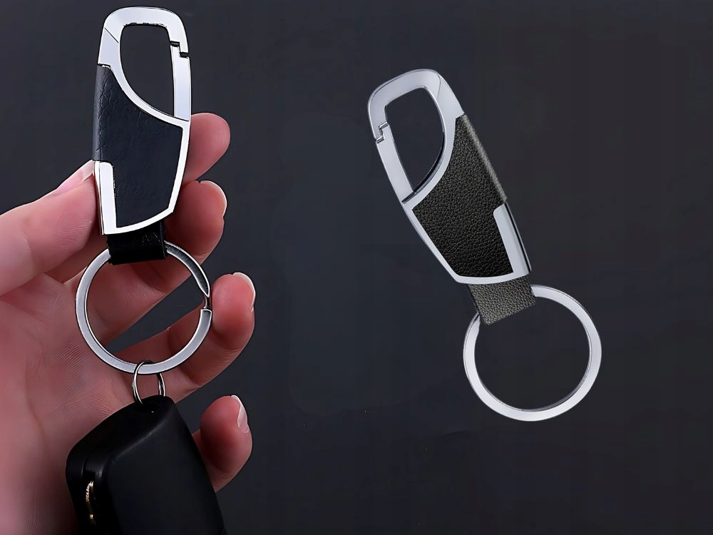 Breloc pentru chei, negru cu argintiu 8 x 2 cm, carabina metalica cu inchidere, insertie aspect piele si inel rotund pentru chei auto, casa sau birou [5]
