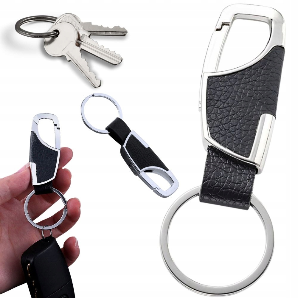 Breloc pentru chei, negru cu argintiu 8 x 2 cm, carabina metalica cu inchidere, insertie aspect piele si inel rotund pentru chei auto, casa sau birou [6]