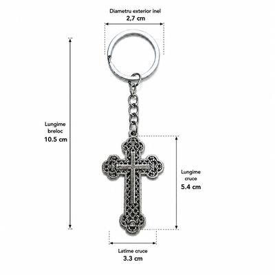 Breloc religios argintiu 10,5 cm cu cruce 5,4 x 3,3 cm, metal filigranat antichizat, port chei pentru femei si barbati sau marturii botez [4]