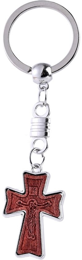 Breloc religios cruce din lemn cu figurina Isus, breloc crestin cu inel metalic pentru chei, accesoriu spiritual compact [6]
