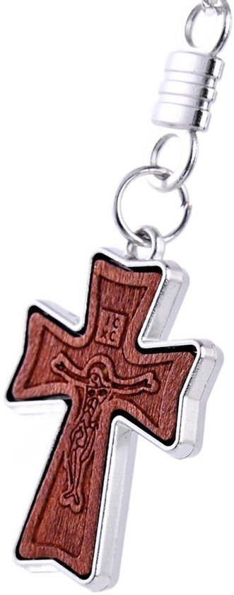 Breloc religios cruce din lemn cu figurina Isus, breloc crestin cu inel metalic pentru chei, accesoriu spiritual compact [3]